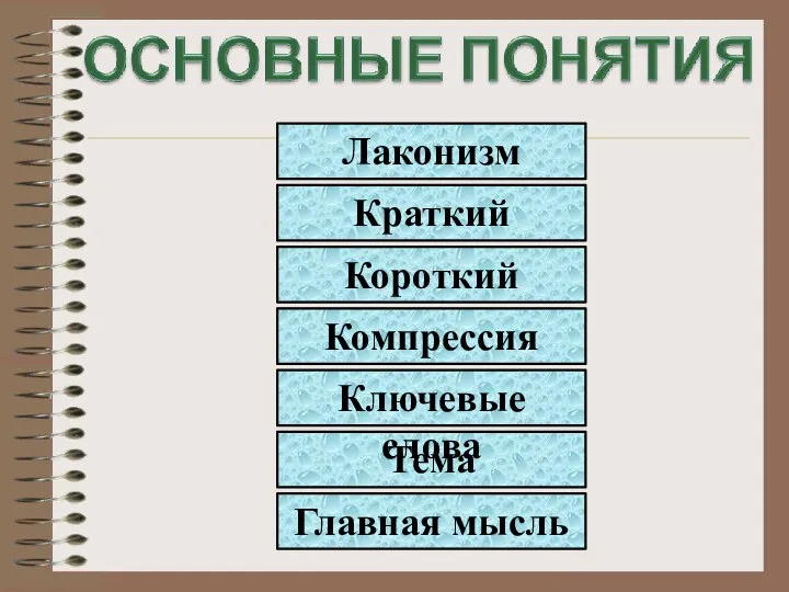 Лаконизм Краткий Короткий Компрессия Ключевые слова Тема Главная мысль Краткий Короткий Компрессия Ключевые слова