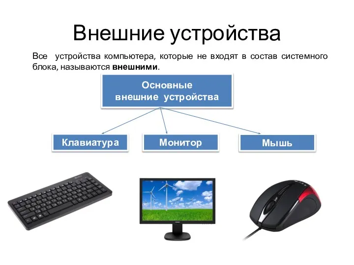 Внешние устройства Все устройства компьютера, которые не входят в состав системного блока,