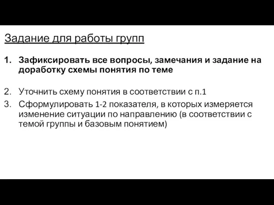 Задание для работы групп Зафиксировать все вопросы, замечания и задание на доработку