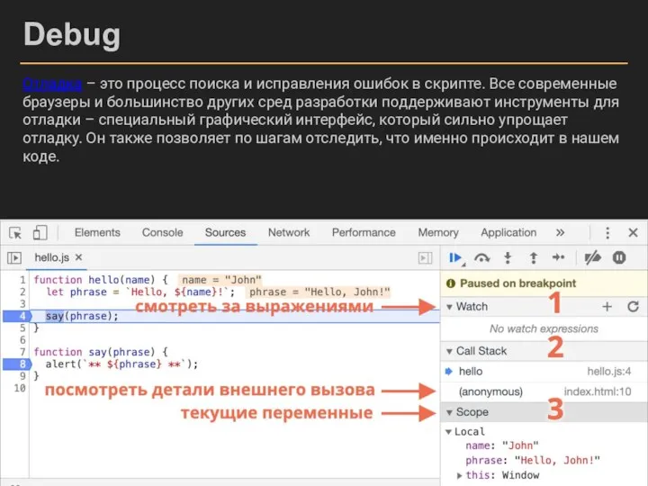 Debug Отладка – это процесс поиска и исправления ошибок в скрипте. Все