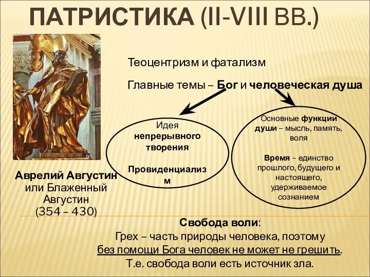 ПАТРИСТИКА (II-VIII ВВ.) Теоцентризм и фатализм Главные темы – Бог и человеческая