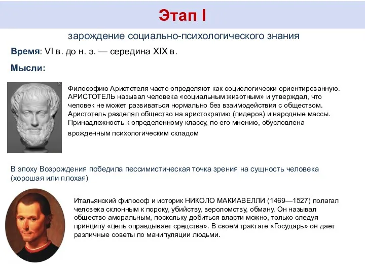 Этап I зарождение социально-психологического знания Время: VI в. до н. э. —