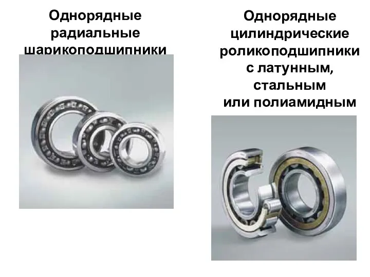 Однорядные радиальные шарикоподшипники Однорядные цилиндрические роликоподшипники с латунным, стальным или полиамидным сепаратором