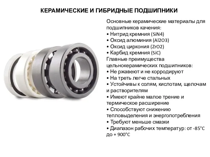 КЕРАМИЧЕСКИЕ И ГИБРИДНЫЕ ПОДШИПНИКИ Основные керамические материалы для подшипников качения: • Нитрид
