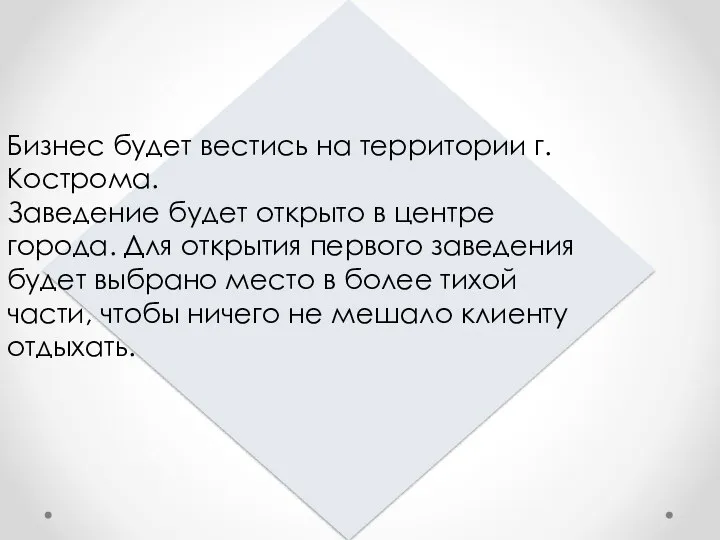 Бизнес будет вестись на территории г. Кострома. Заведение будет открыто в центре