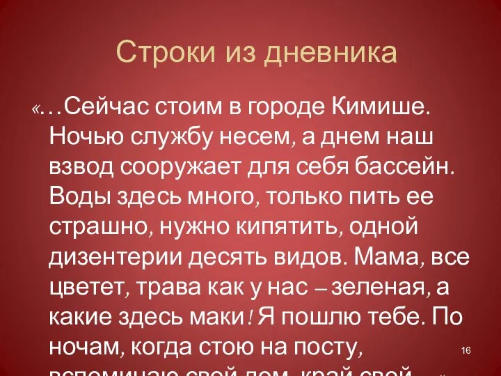 Строки из дневника «…Сейчас стоим в городе Кимише. Ночью службу несем, а