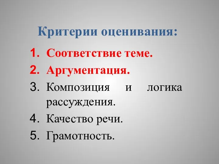 Критерии оценивания: Соответствие теме. Аргументация. Композиция и логика рассуждения. Качество речи. Грамотность.