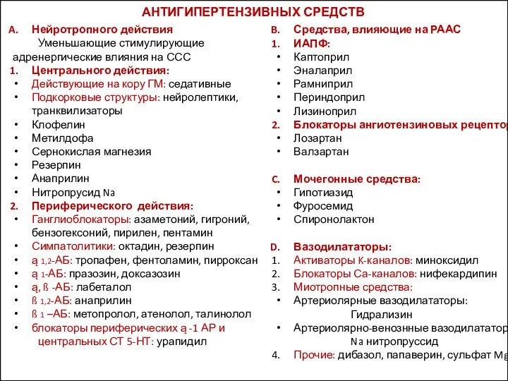 Нейротропного действия Уменьшающие стимулирующие адренергические влияния на ССС Центрального действия: Действующие на