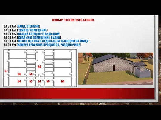 ВОЛЬЕР СОСТОИТ ИЗ 6 БЛОКОВ. БЛОК №1 (ВХОД, СТЕЛАЖИ) БЛОК №2 (“ЖИЛОЕ”ПОМЕЩЕНИЕ)