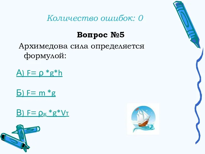 Количество ошибок: 0 Вопрос №5 Архимедова сила определяется формулой: А) F= ρ