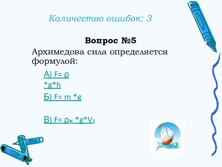 Количество ошибок: 3 Вопрос №5 Архимедова сила определяется формулой: А) F= ρ