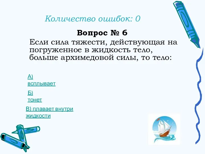 Количество ошибок: 0 Вопрос № 6 Если сила тяжести, действующая на погруженное