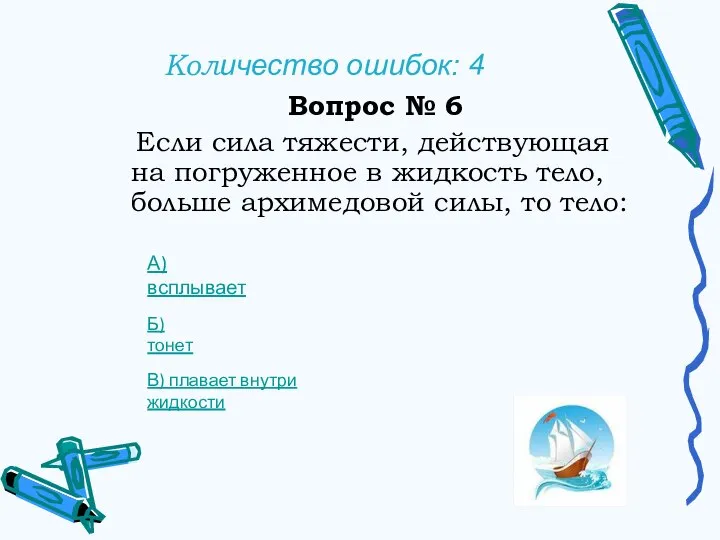 Количество ошибок: 4 Вопрос № 6 Если сила тяжести, действующая на погруженное