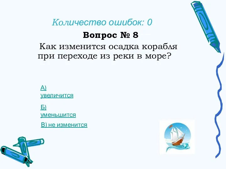 Количество ошибок: 0 Вопрос № 8 Как изменится осадка корабля при переходе