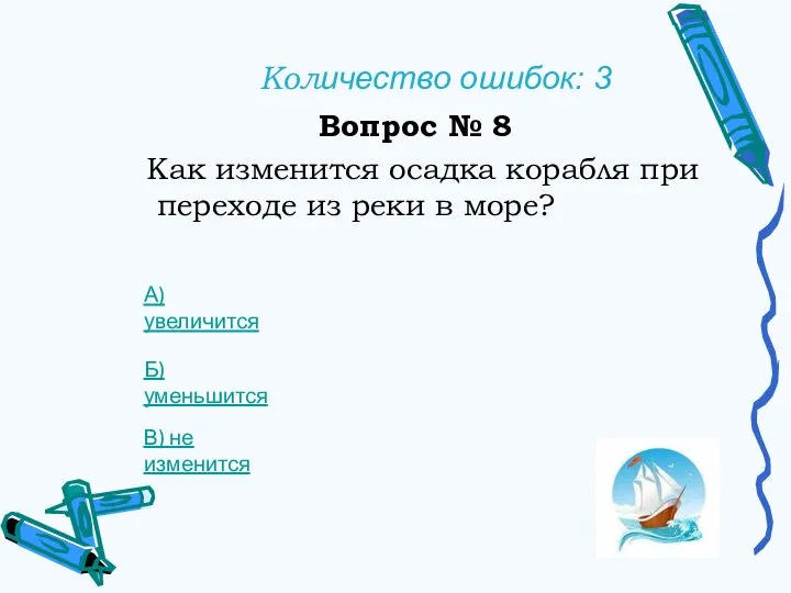 Количество ошибок: 3 Вопрос № 8 Как изменится осадка корабля при переходе