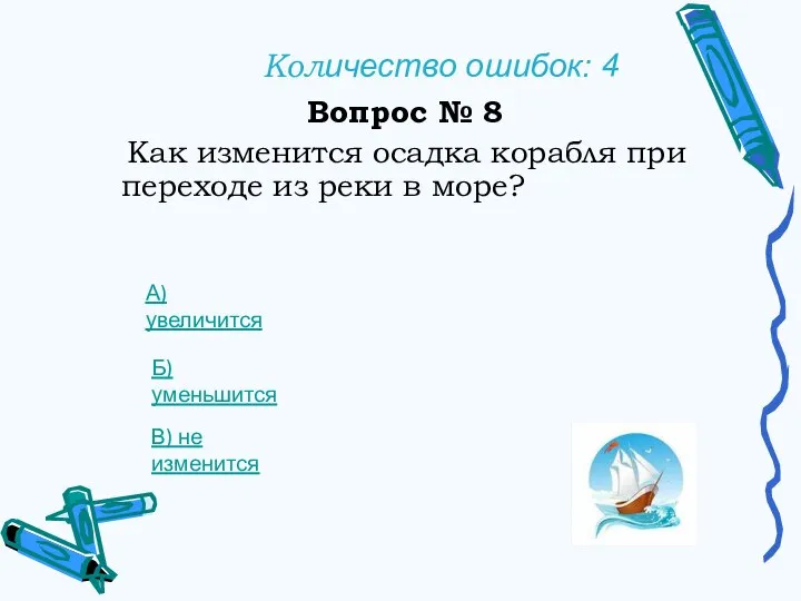 Количество ошибок: 4 Вопрос № 8 Как изменится осадка корабля при переходе