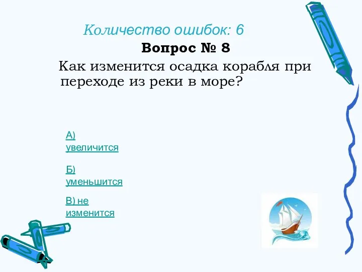 Количество ошибок: 6 Вопрос № 8 Как изменится осадка корабля при переходе