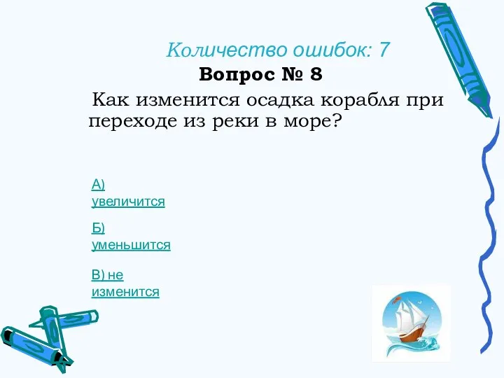 Количество ошибок: 7 Вопрос № 8 Как изменится осадка корабля при переходе