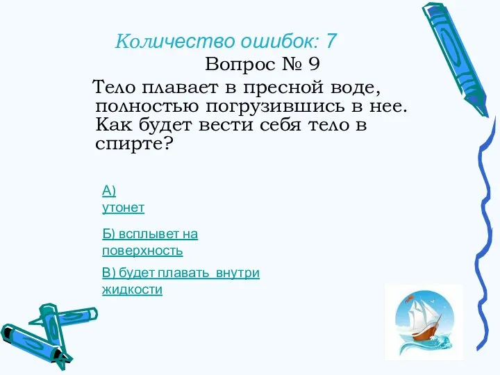 Количество ошибок: 7 Вопрос № 9 Тело плавает в пресной воде, полностью