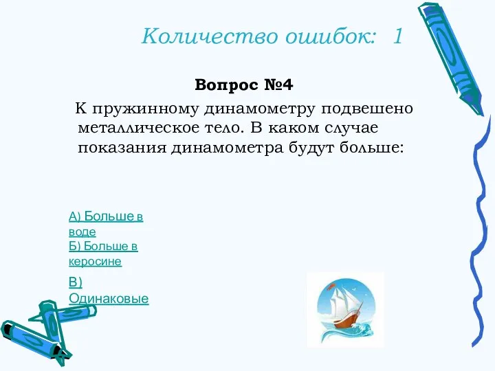 Количество ошибок: 1 Вопрос №4 К пружинному динамометру подвешено металлическое тело. В