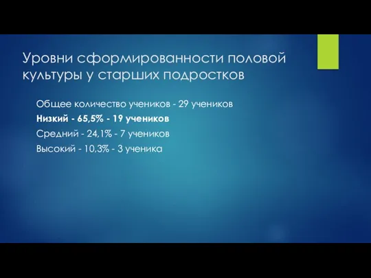 Уровни сформированности половой культуры у старших подростков Общее количество учеников - 29