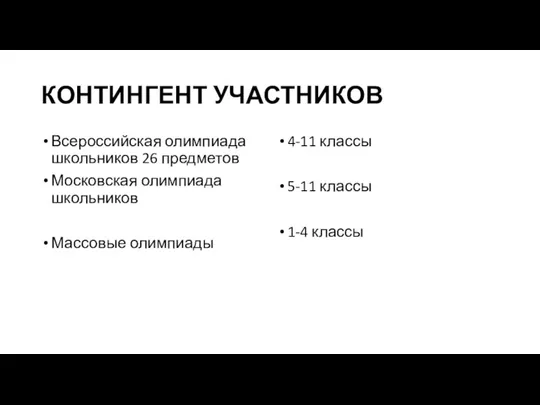 КОНТИНГЕНТ УЧАСТНИКОВ Всероссийская олимпиада школьников 26 предметов Московская олимпиада школьников Массовые олимпиады