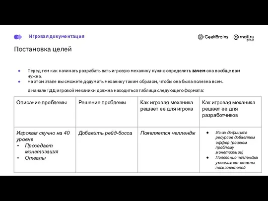 Постановка целей Перед тем как начинать разрабатывать игровую механику нужно определить зачем