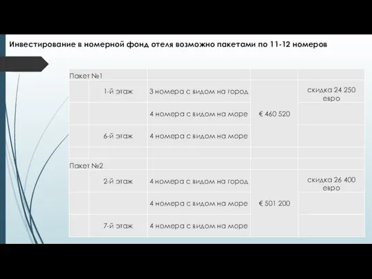 Инвестирование в номерной фонд отеля возможно пакетами по 11-12 номеров