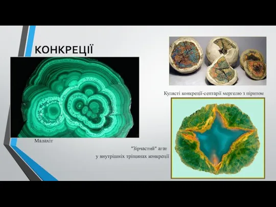 КОНКРЕЦІЇ Малахіт "Зірчастий" агат у внутрішніх тріщинах конкреції Кулясті конкреції-септарії мергелю з піритом