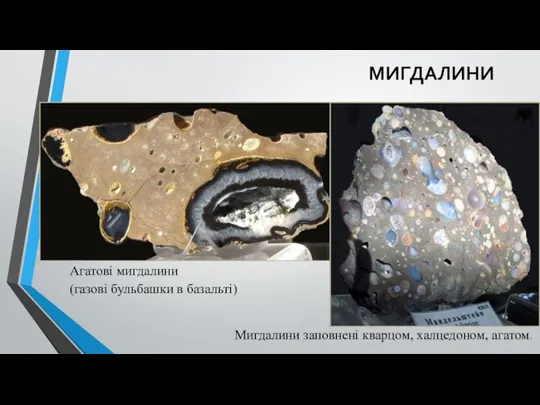 МИГДАЛИНИ Агатові мигдалини (газові бульбашки в базальті) Мигдалини заповнені кварцом, халцедоном, агатом.