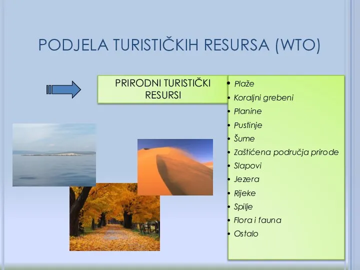 PODJELA TURISTIČKIH RESURSA (WTO) PRIRODNI TURISTIČKI RESURSI Plaže Koraljni grebeni Planine Pustinje