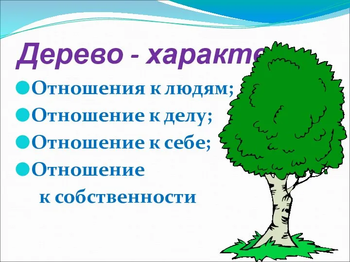 Дерево - характер Отношения к людям; Отношение к делу; Отношение к себе; Отношение к собственности