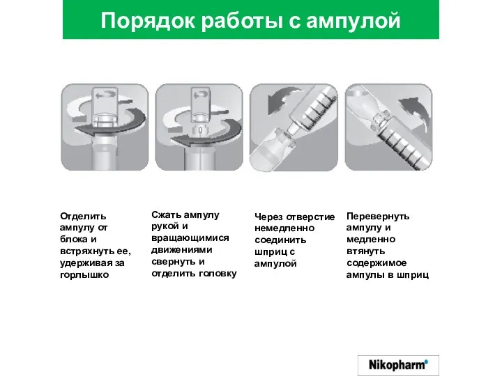 Порядок работы с ампулой Отделить ампулу от блока и встряхнуть ее, удерживая