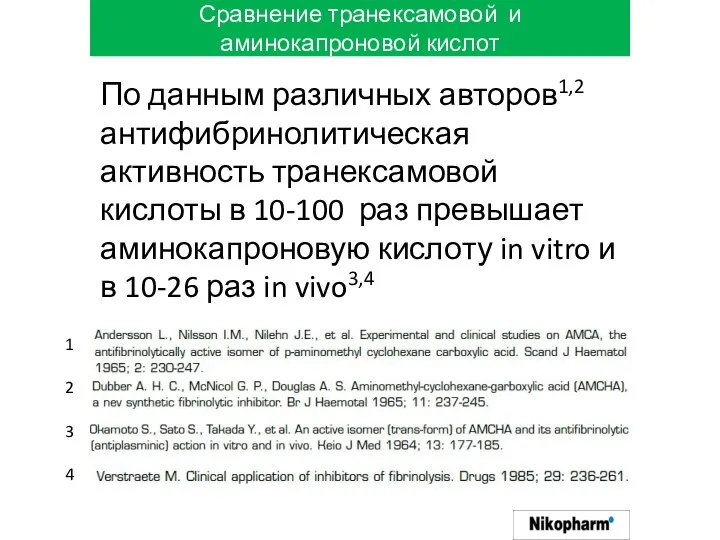 Сравнение транексамовой и аминокапроновой кислот 1 2 3 4 По данным различных