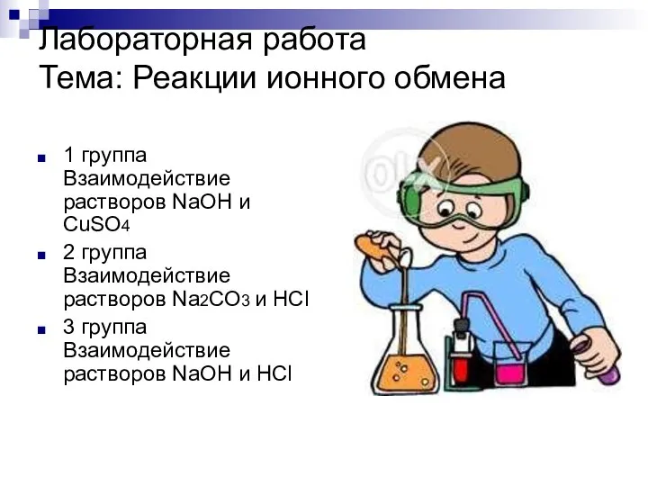 Лабораторная работа Тема: Реакции ионного обмена 1 группа Взаимодействие растворов NaOH и