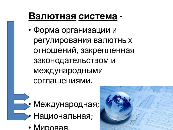 Валютная система - Форма организации и регулирования валютных отношений, закрепленная законодательством и