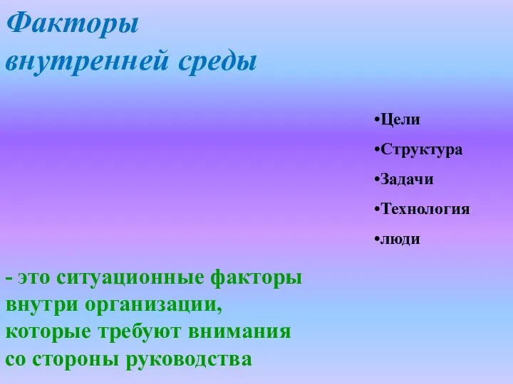 Цели Структура Задачи Технология люди Факторы внутренней среды - это ситуационные факторы