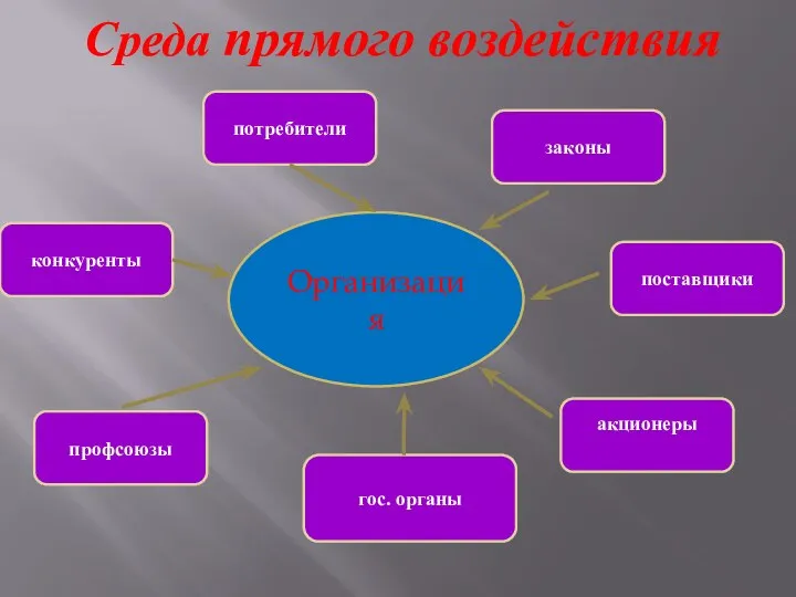 Среда прямого воздействия Организация конкуренты потребители поставщики профсоюзы гос. органы акционеры законы