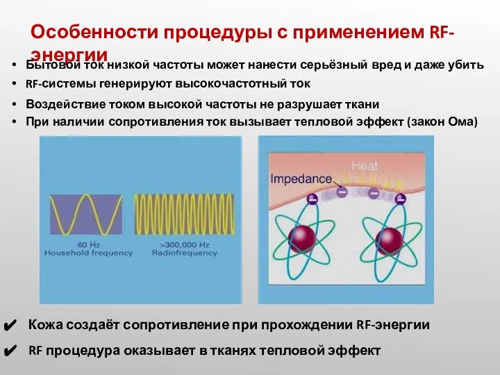 Особенности процедуры с применением RF-энергии RF-системы генерируют высокочастотный ток Воздействие током высокой