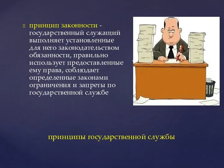 принцип законности - государственный служащий выполняет установленные для него законодательством обязанности, правильно