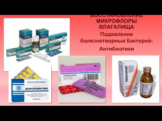 ВОССТАНОВЛЕНИЕ МИКРОФЛОРЫ ВЛАГАЛИЩА Подавление болезнетворных бактерий: Антибиотики