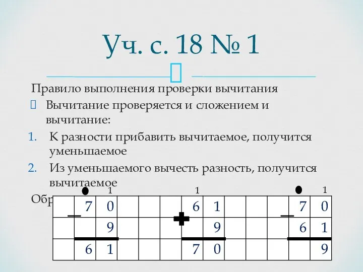 Правило выполнения проверки вычитания Вычитание проверяется и сложением и вычитание: К разности