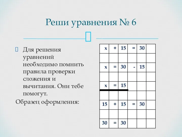 Для решения уравнений необходимо помнить правила проверки сложения и вычитания. Они тебе