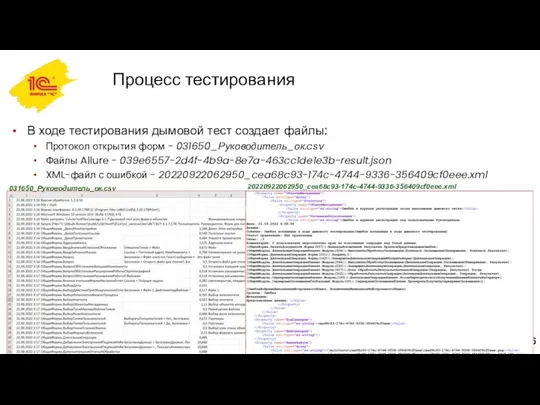 Процесс тестирования В ходе тестирования дымовой тест создает файлы: Протокол открытия форм