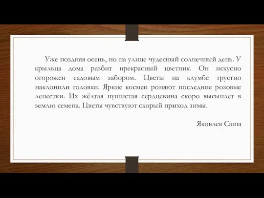 Уже поздняя осень, но на улице чудесный солнечный день. У крыльца дома