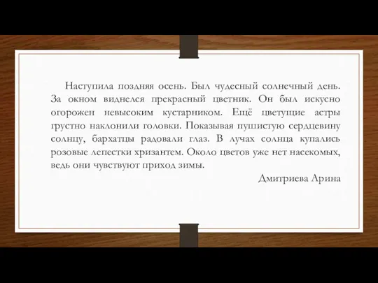 Наступила поздняя осень. Был чудесный солнечный день. За окном виднелся прекрасный цветник.