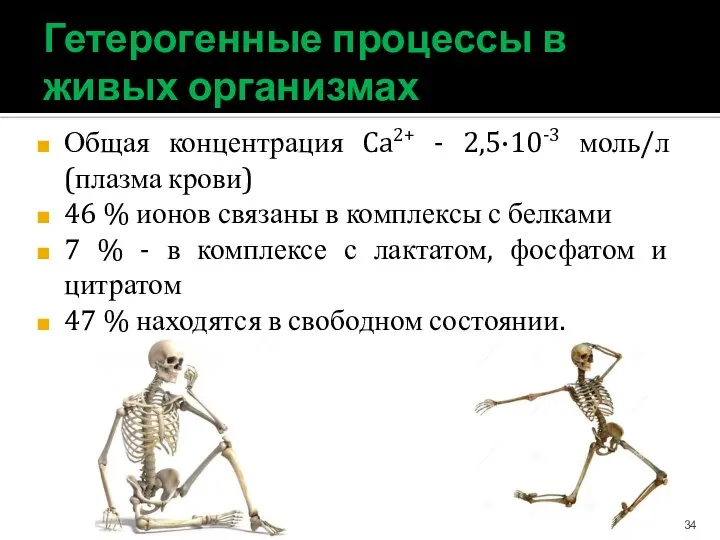 Гетерогенные процессы в живых организмах Общая концентрация Ca2+ - 2,5·10-3 моль/л (плазма