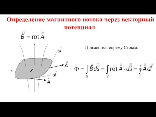 Определение магнитного потока через векторный потенциал l S Применим теорему Стокса: