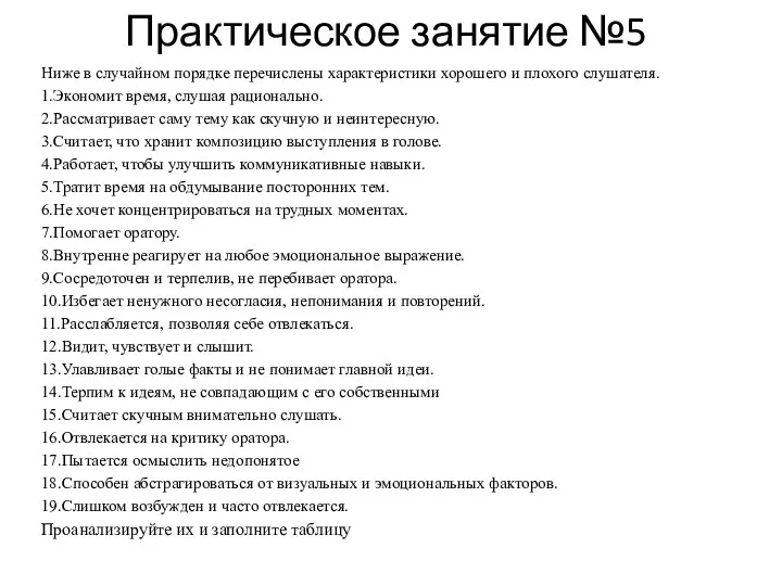 Практическое занятие №5 Ниже в случайном порядке перечислены характеристики хорошего и плохого