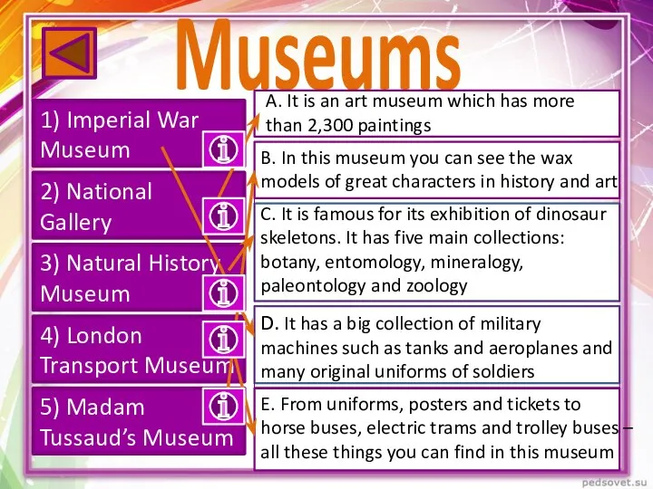Museums 1) Imperial War Museum 5) Madam Tussaud’s Museum 4) London Transport